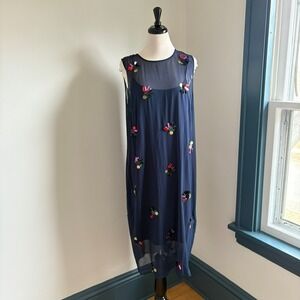 DKNY Sheer Embellished Sheath Silk Midi‎ Dress Women's L Navy Holiday NYE Party